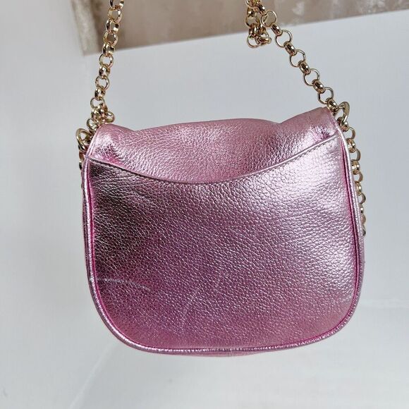 NWOT Eric Javits Pink Metallic Pebbled Leather Crossbody Bag Gold Chain Purse - Picture 5 of 11